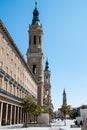 El Pilar Cathedral and at the background La Seo tower in Zaragoza Center, Spain Royalty Free Stock Photo