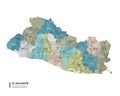 El Salvador higt detailed map with subdivisions. Administrative map of El Salvador with districts and cities name, colored by