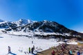 Skiers, snowboarders and tourists relaxing in restaurants on El Tarter ski centre, Pyrenees