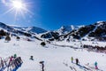 Skiers, snowboarders and tourists relaxing in restaurants on El Tarter ski centre, Pyrenees