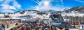 Wide, panoramic view on bars and restaurants, ski slopes and mountains, Andorra Royalty Free Stock Photo