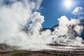 El Tatio geysers in Chile, Silhouette of a man walking among the steams and fumaroles