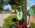 El Toboso don Quijote track sign and biker Royalty Free Stock Photo