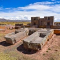 Elaborate carving in megalithic stone at Puma Punku, part of the Tiwanaku archaeological complex, a UNESCO world heritage site Royalty Free Stock Photo