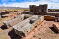 Elaborate carving in megalithic stone at Puma Punku, part of the Tiwanaku archaeological complex, a UNESCO world heritage site Royalty Free Stock Photo