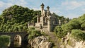 Elaborate castle with spires and turrets perched atop a cliff, a bridge spanning over water, encircled by lush trees. 3d render Royalty Free Stock Photo