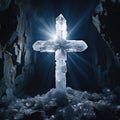 Elaborate Cross Carved Out of Crystal, Glowing from Within, Illuminating a Cavern of Glittering Geodes AI Generated