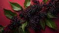 Elaborate Fruit Arrangement: Ripe Black Elderberry On Red Background