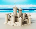 Elaborate sandcastle standing the seashore. 3D illustration