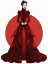 An elaborate scarlet dress with intricate Gothicstyle embroidery and a Victorianstyle collar. Gothic art. AI generation