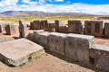 Elaborate stone carving in megalithic stone at Puma Punku, part of the Tiwanaku archaeological complex, a UNESCO world heritage Royalty Free Stock Photo