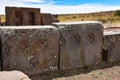 Elaborate stone carving in megalithic stone at Puma Punku, part of the Tiwanaku archaeological complex, a UNESCO world heritage