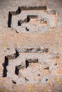 Elaborate stone carving in megalithic stone at Puma Punku, part of the Tiwanaku archaeological complex, a UNESCO world heritage