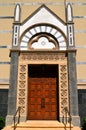 An elaborate wood doors mark the entrance of the Wilshire Boulevard temple Royalty Free Stock Photo