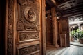 A elaborately carved wooden door of a traditional stilt house. Portray the historic architecture and cultural heritage of