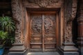 A elaborately carved wooden door of a traditional stilt house. Portray the historic architecture and cultural heritage of