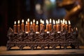 elaborately carved wooden kinara holding seven candles