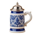 Elaborately Designed Ceramic Beer Stein with Lidded Top and Decorative Blue Patterns on a White Background Royalty Free Stock Photo