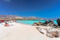 Elafonisi, Island Crete, Greece, - June 28, 2016: The beautiful beach Elafonisi or Elafonissi with pink sand Royalty Free Stock Photo