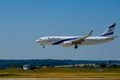 Elal Israel airlines airplane preparing for landing at day time in international airport