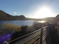 Elan Valley reservoirs, Wales with sun going down in blue skies