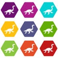Elasmosaurine dinosaur icon set color hexahedron