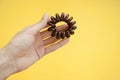 Elastic band spring for hair in hands, brown on a yellow background