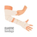 Elastic medical bandage wrapped around hurt human hand