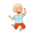 Elated Blond Boy Jumping with Joy Expressing Excitement and Happiness Vector Illustration