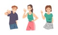 Elated Male and Female Showing Ok Sign as Approval or Agreement Gesture Vector Set