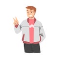 Elated Male Showing V Sign with Her Hand as Approval or Agreement Gesture Vector Illustration