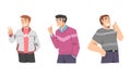 Elated Male Showing V Sign and Thumb Up as Approval or Agreement Gesture Vector Set