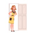 Elated Woman Housewife Standing Near Open Door Waiting for Someone Vector Illustration
