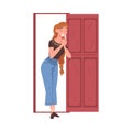 Elated Woman Near Open Door Holding Hands Tight in Excitement Vector Illustration