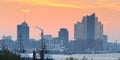 Elbe Philharmonic Hall Elbphilharmonie and River Elbe panorama in autumn at morning with sunrise, Hamburg, Germany