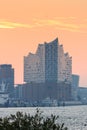 Elbe Philharmonic Hall Elbphilharmonie and River Elbe panorama in autumn at morning with sunrise, Hamburg, Germany