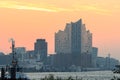 Elbe Philharmonic Hall Elbphilharmonie and River Elbe panorama in autumn at morning with sunrise, Hamburg, Germany