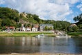 Elbe river and Rathen city skyline with Ferryboat - gateway to Bastei Bridge (Basteibrucke) - Saxony, Germany