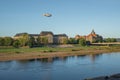 Elbe River with Saxon State Chancellery, Saxon State Ministry of Finance and Airship - Dresden, Soxony, Germany Royalty Free Stock Photo