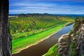 Elbe river, view from Bastei bridge in Saxon Switzerland, at sunrise and the mist over the river Elbe, National park Saxon