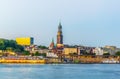 Elbe riverside in Hamburg with saint michaelis church, Germany