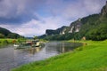 Elbe sandstone mountains, river and ship Royalty Free Stock Photo