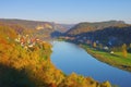 Elbe sandstone mountains  Elbe and ship with town Wehlen Royalty Free Stock Photo