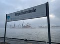 Elbohilharmonie Water Bus Stop at Port of Hamburg on a foggy day- HAMBURG, GERMANY - DECEMBER 17, 2022