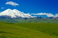 Elbrus and Green Meadow Hills with blue Sky