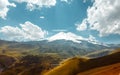 Elbrus Mount And Green Hills At Summer Days. Elbrus Region, Northen Caucasus, Russia