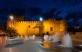 Elche Castle in the blue hour with water fountains in the foreground. Royalty Free Stock Photo