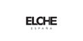 Elche in the Spain emblem. The design features a geometric style, vector illustration with bold typography in a modern font. The