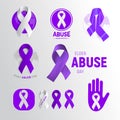 Elder abuse awareness day icon set, purple ribbon collection, domestic violence campaign symbol, elderly problem emblem Royalty Free Stock Photo