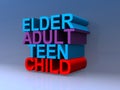 Elder adult teen child on blue